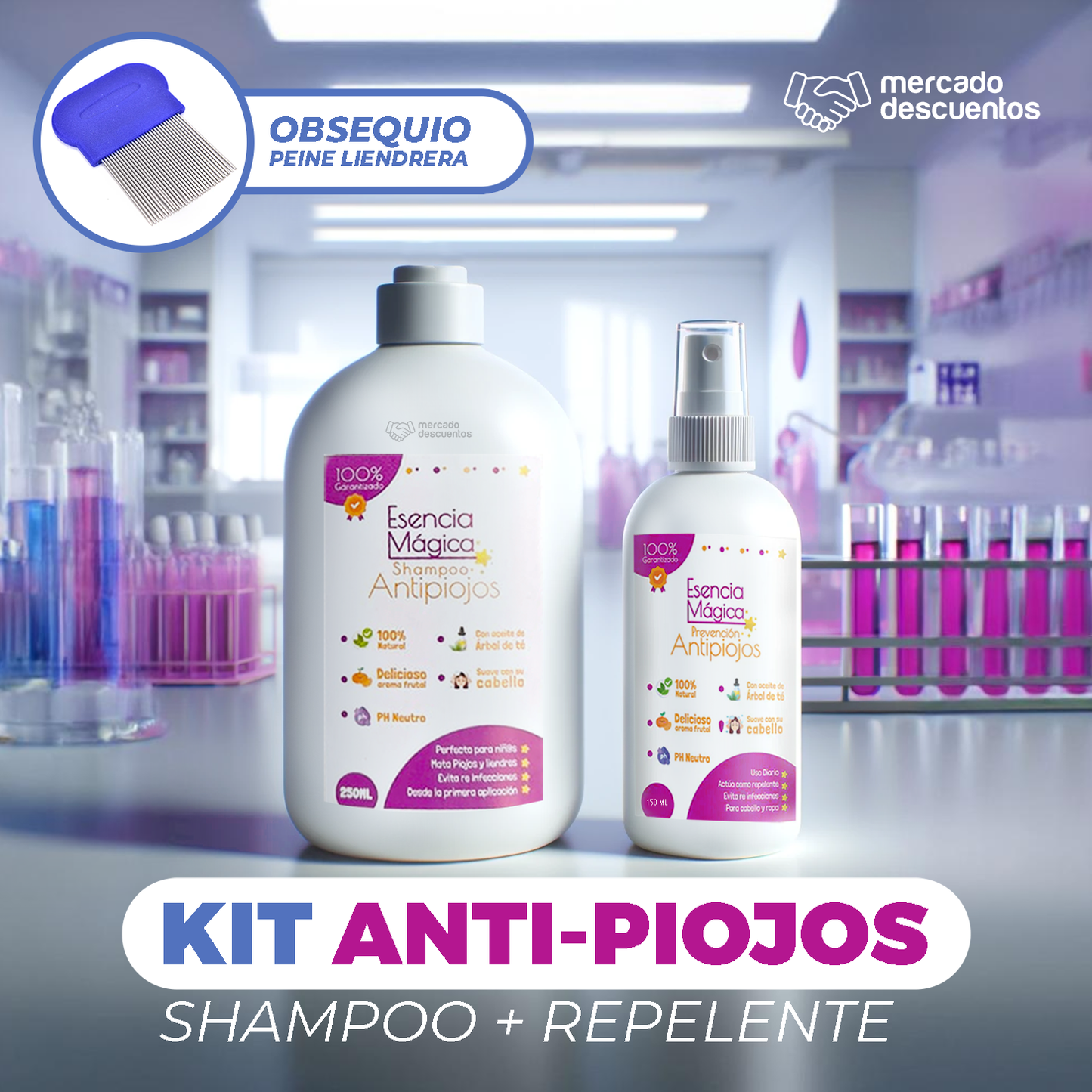 KIT TRATAMIENTO ANTI-PIOJOS (Shampoo y Repelente) + PEINE DE OBSEQUIO